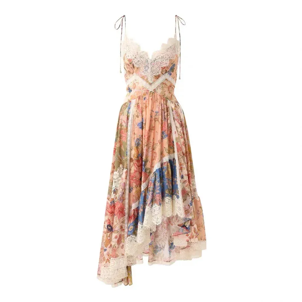 French Print Patchwork Lace Tie Slip Dress