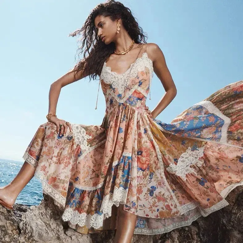 French Print Patchwork Lace Tie Slip Dress