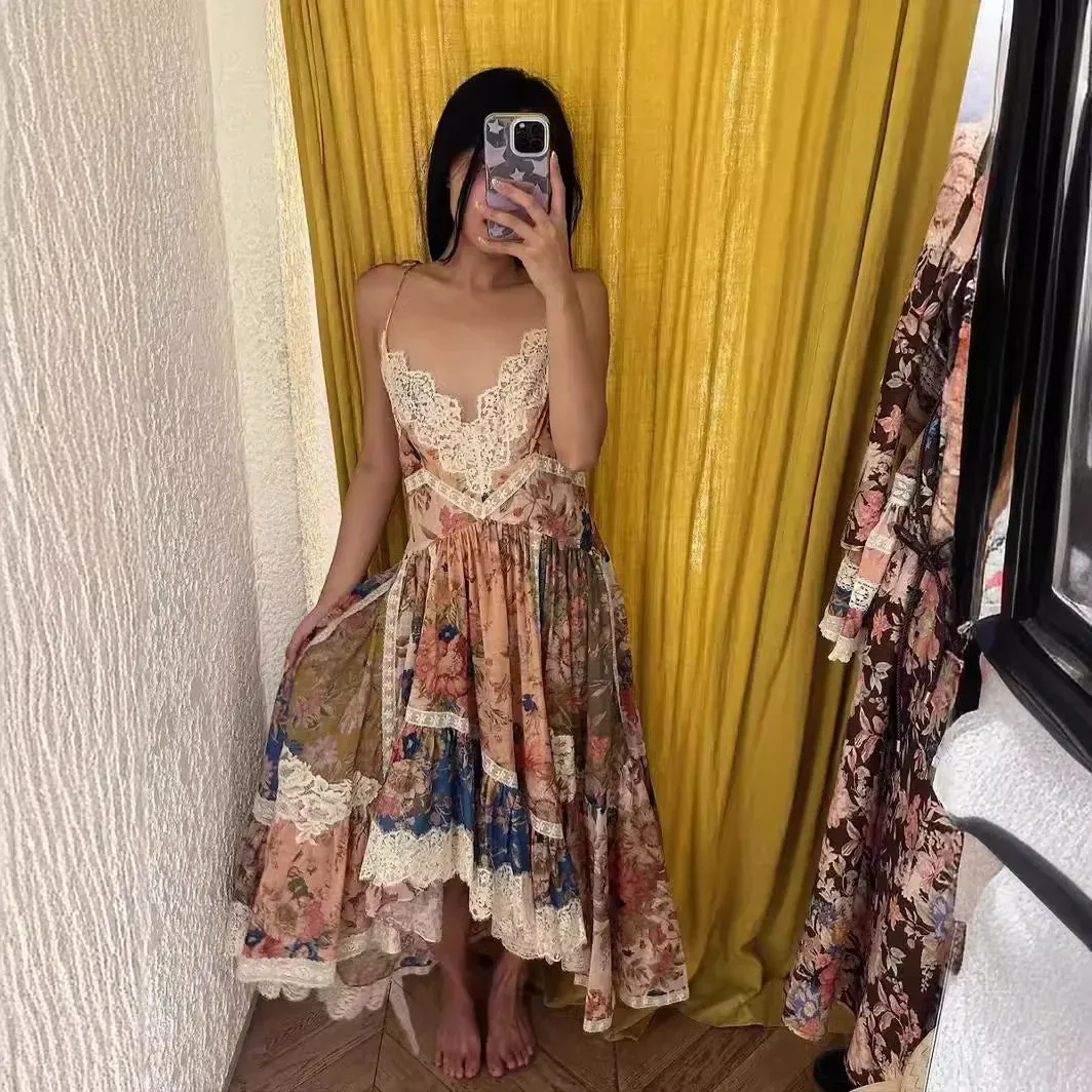 French Print Patchwork Lace Tie Slip Dress