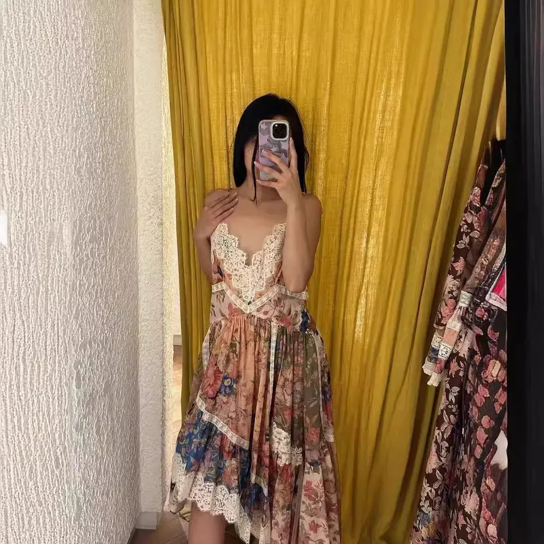 French Print Patchwork Lace Tie Slip Dress