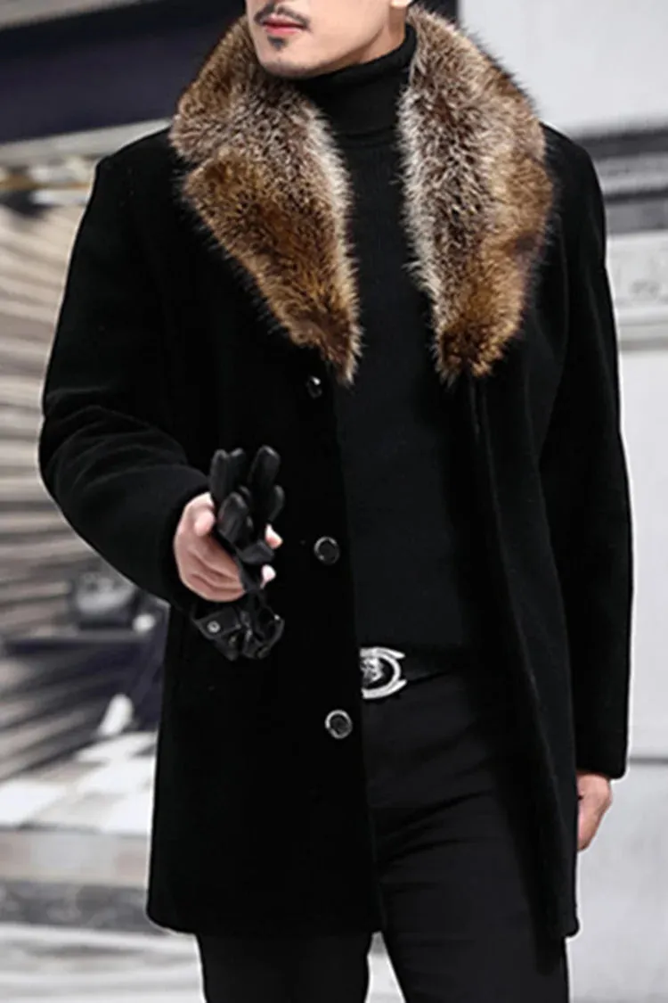 Fur Collar Single Breasted Mid Length Coat