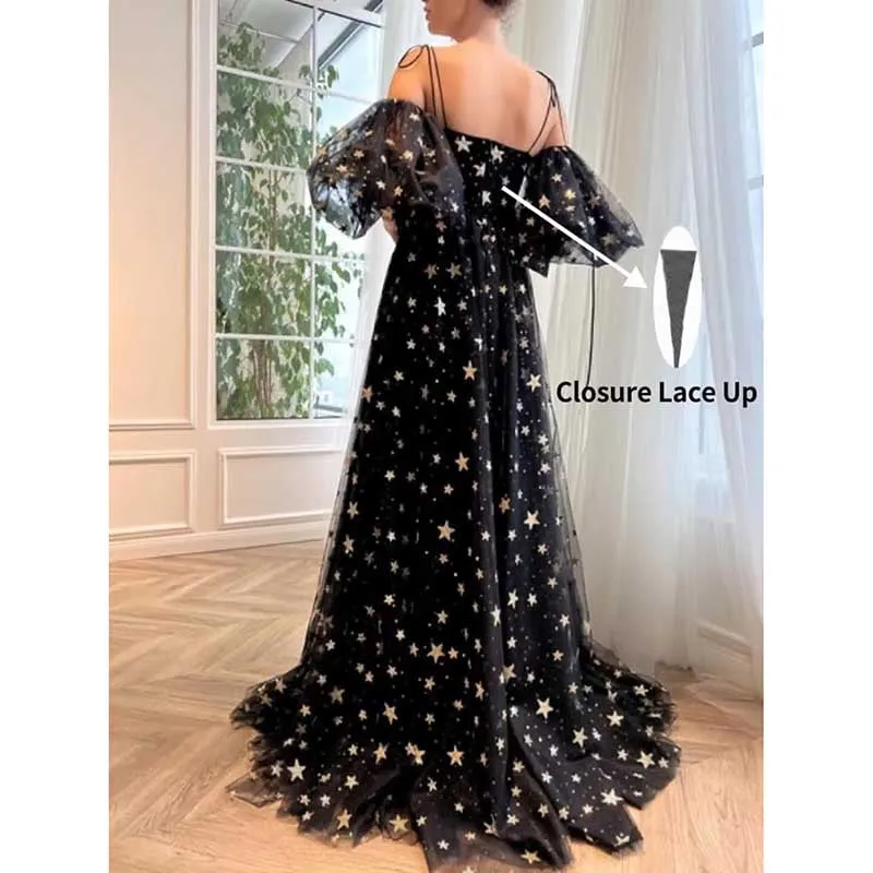 Garden Prom Dress Tulle Glitter Starry Slit Long Spaghetti Straps Birthday Party Ball Gowns