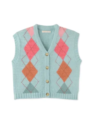 GIRLS KNITTED ARGYLE OVERSIZED VEST