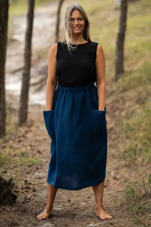 High Waist Deep Pockets MIDI Linen Skirt In Midnight Blue