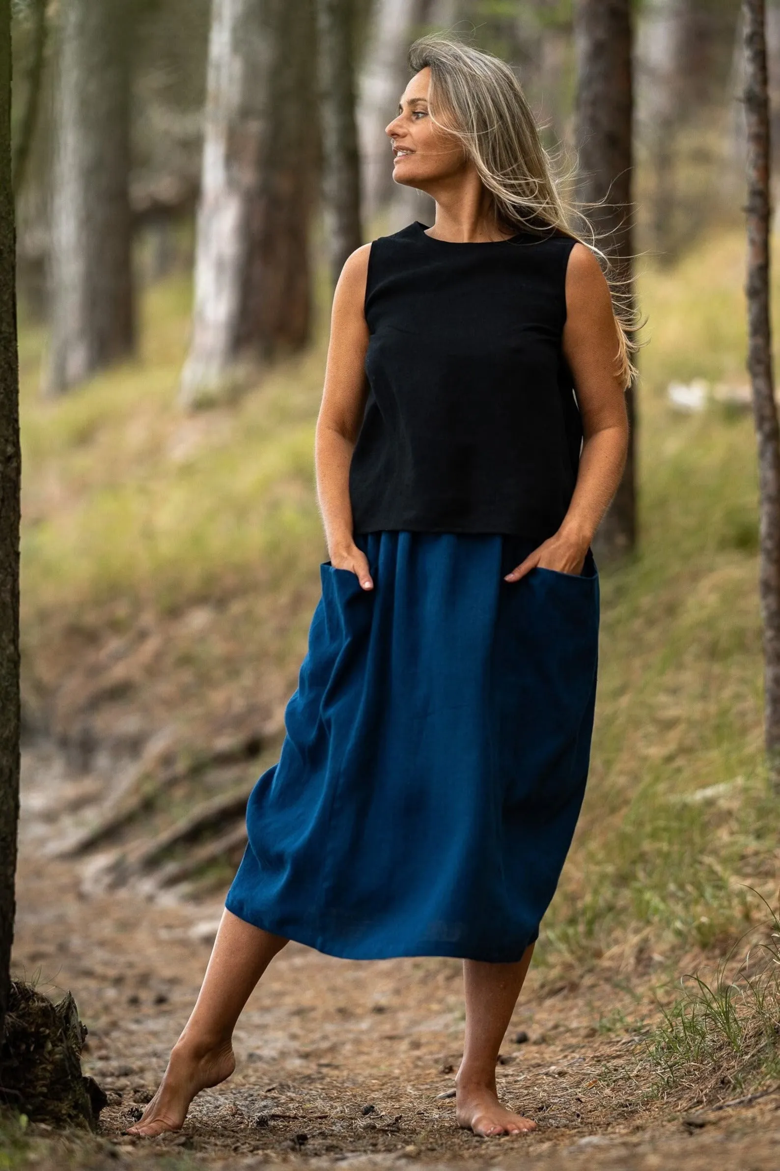 High Waist Deep Pockets MIDI Linen Skirt In Midnight Blue
