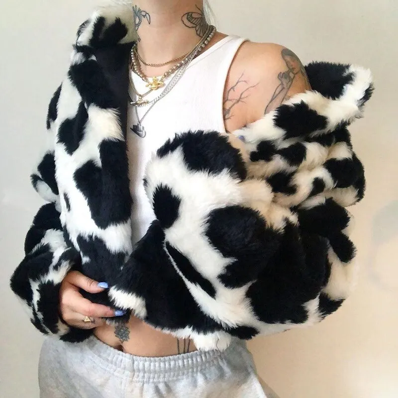 Joskaa Christmas Gift JMPRS Winter Women Faux Fur Coats Fashion Punk Style Gothic Cows Patchwork Cropped Jacket Streetwear Hairy Female Clothes 2024