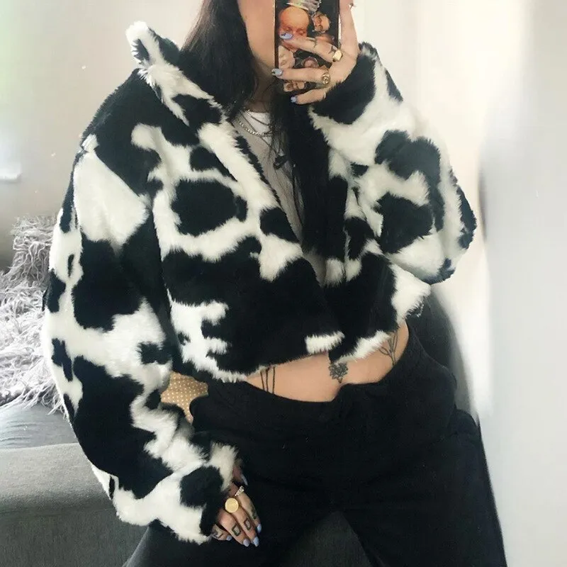 Joskaa Christmas Gift JMPRS Winter Women Faux Fur Coats Fashion Punk Style Gothic Cows Patchwork Cropped Jacket Streetwear Hairy Female Clothes 2024