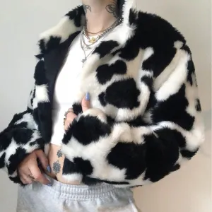 Joskaa Christmas Gift JMPRS Winter Women Faux Fur Coats Fashion Punk Style Gothic Cows Patchwork Cropped Jacket Streetwear Hairy Female Clothes 2024