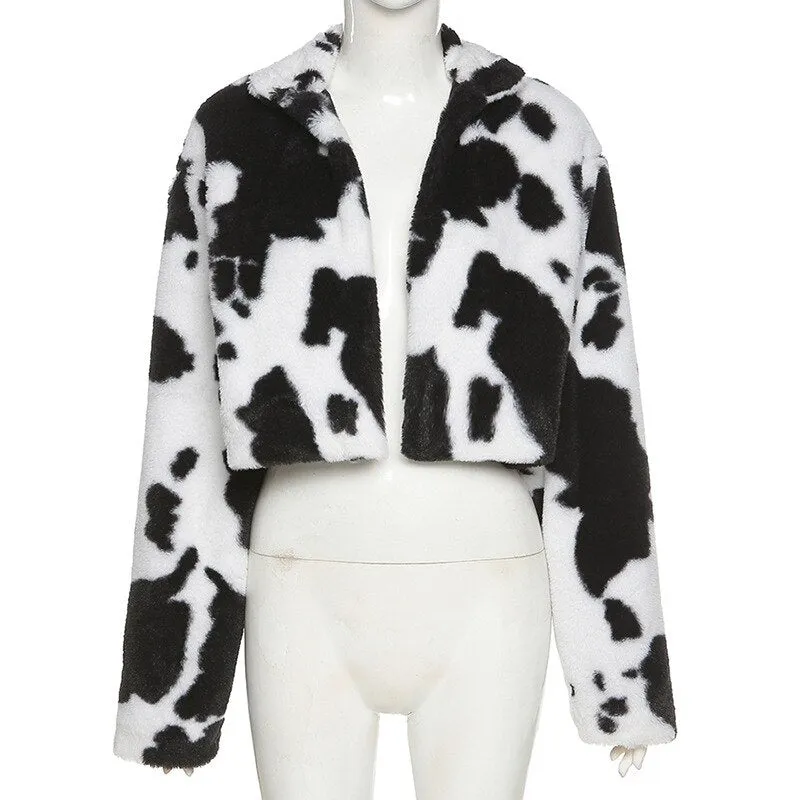 Joskaa Christmas Gift JMPRS Winter Women Faux Fur Coats Fashion Punk Style Gothic Cows Patchwork Cropped Jacket Streetwear Hairy Female Clothes 2024