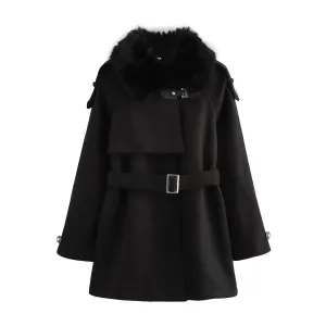 Ladies Black Fur Collar Winter Belted Coat
