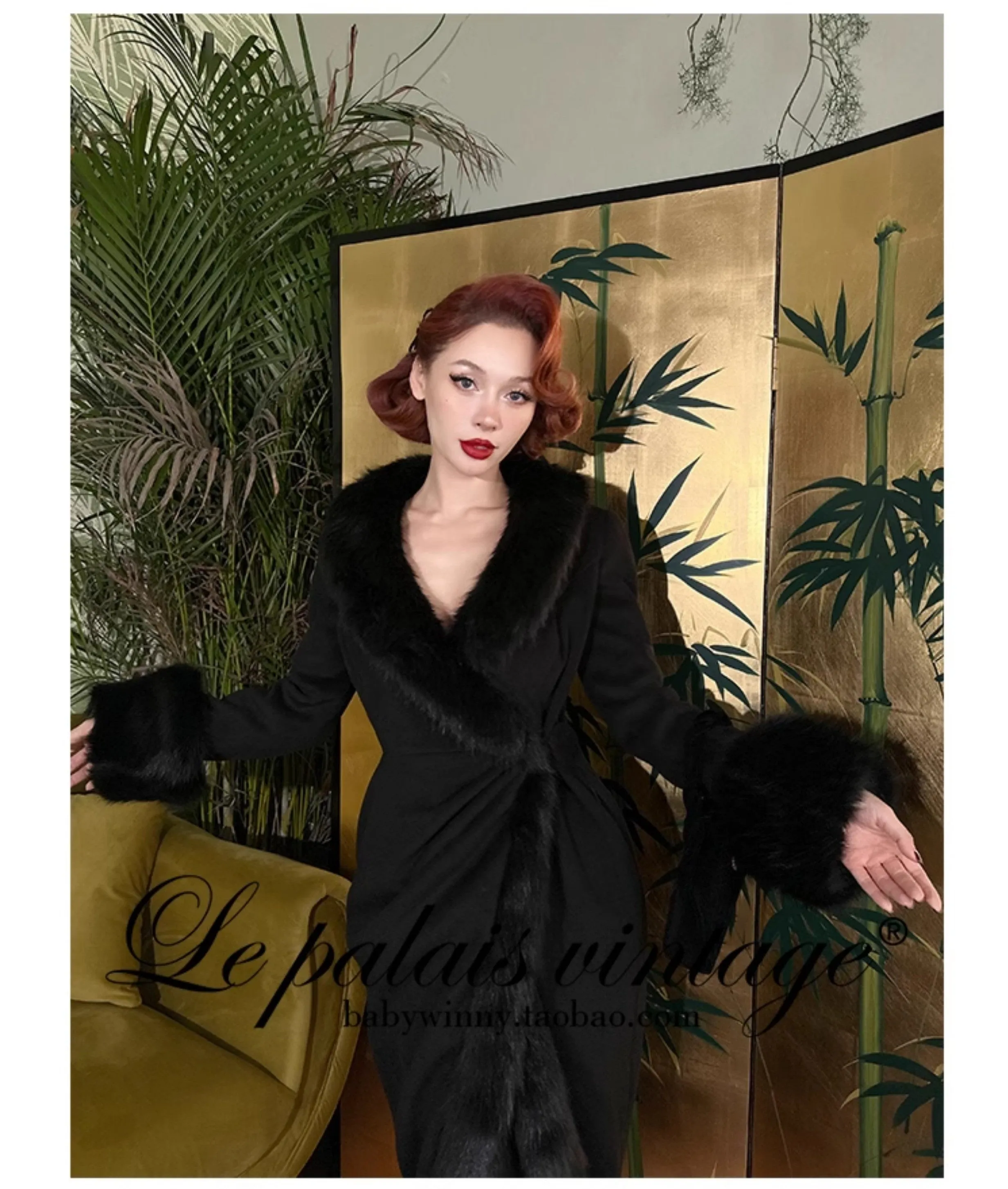 Le Palais Vintage Elegant Black Long Sleeves V-Neck Fox Fur Collar Wrap Jacket-Debra