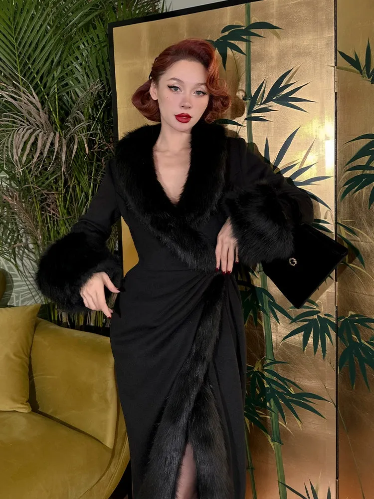 Le Palais Vintage Elegant Black Long Sleeves V-Neck Fox Fur Collar Wrap Jacket-Debra