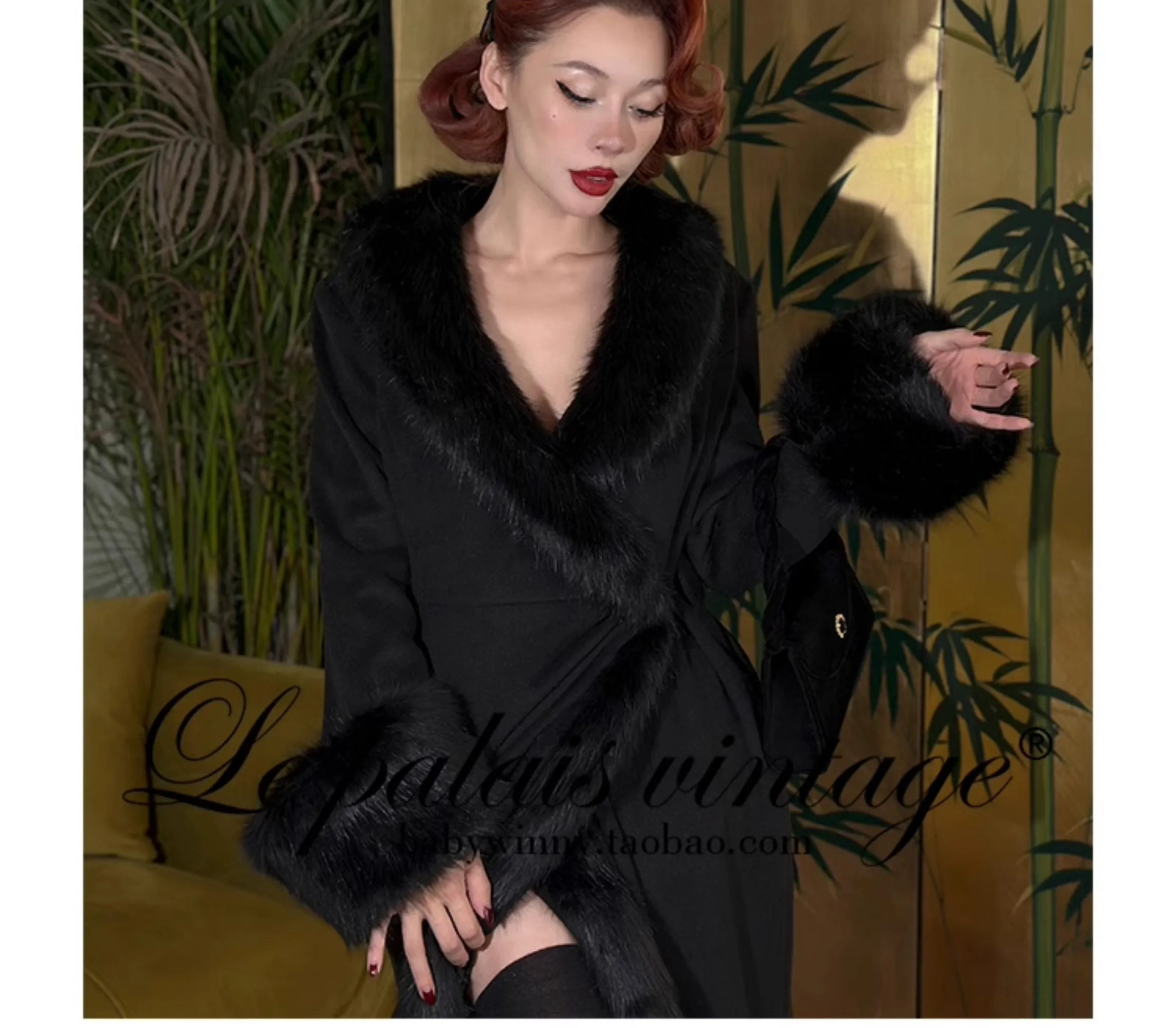 Le Palais Vintage Elegant Black Long Sleeves V-Neck Fox Fur Collar Wrap Jacket-Debra