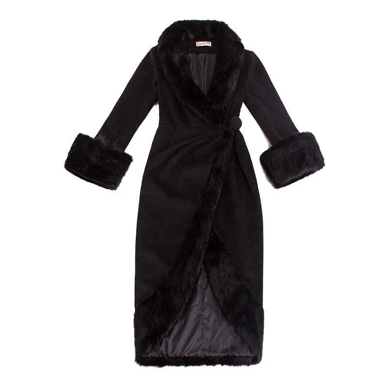 Le Palais Vintage Elegant Black Long Sleeves V-Neck Fox Fur Collar Wrap Jacket-Debra