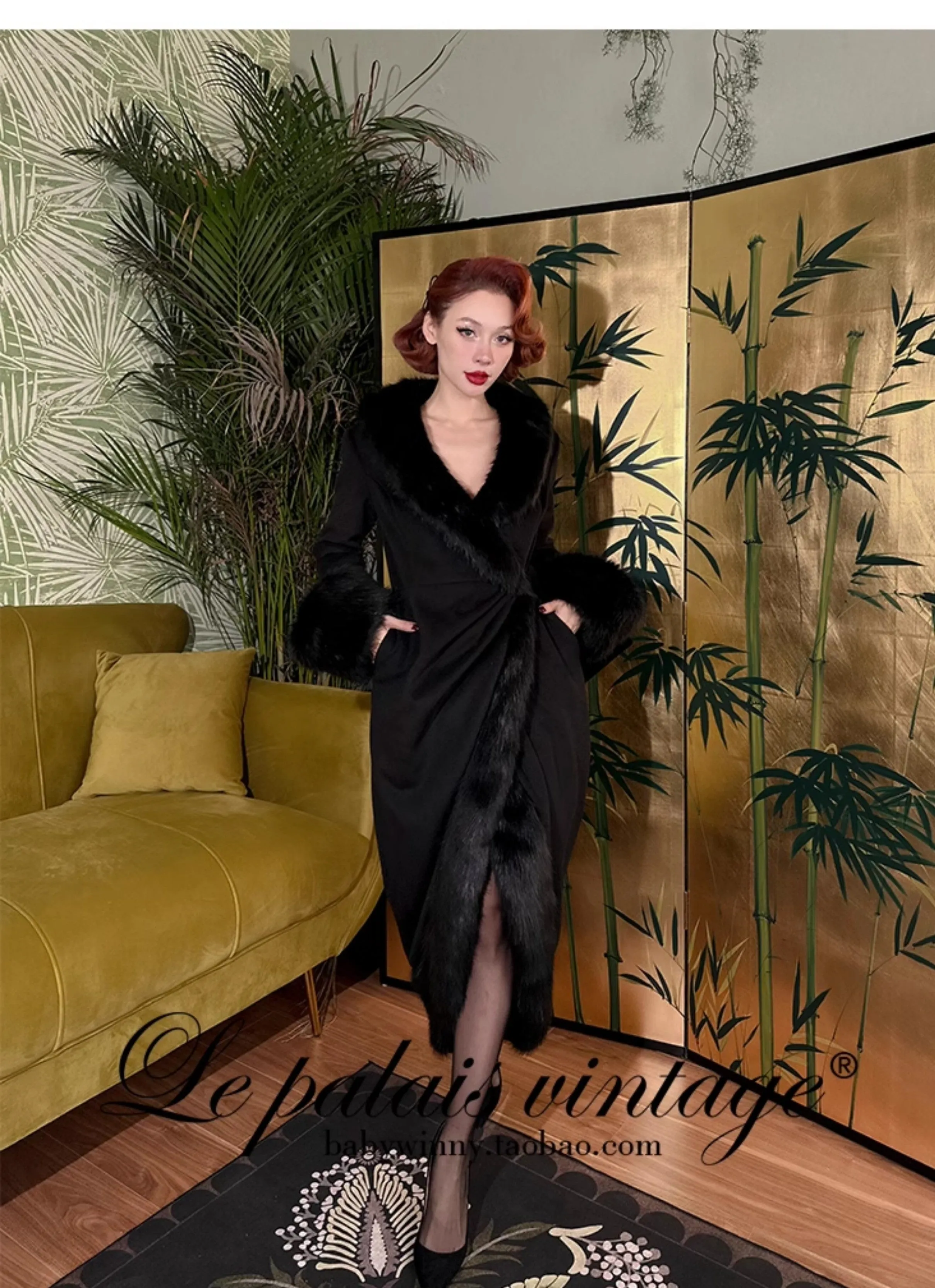Le Palais Vintage Elegant Black Long Sleeves V-Neck Fox Fur Collar Wrap Jacket-Debra
