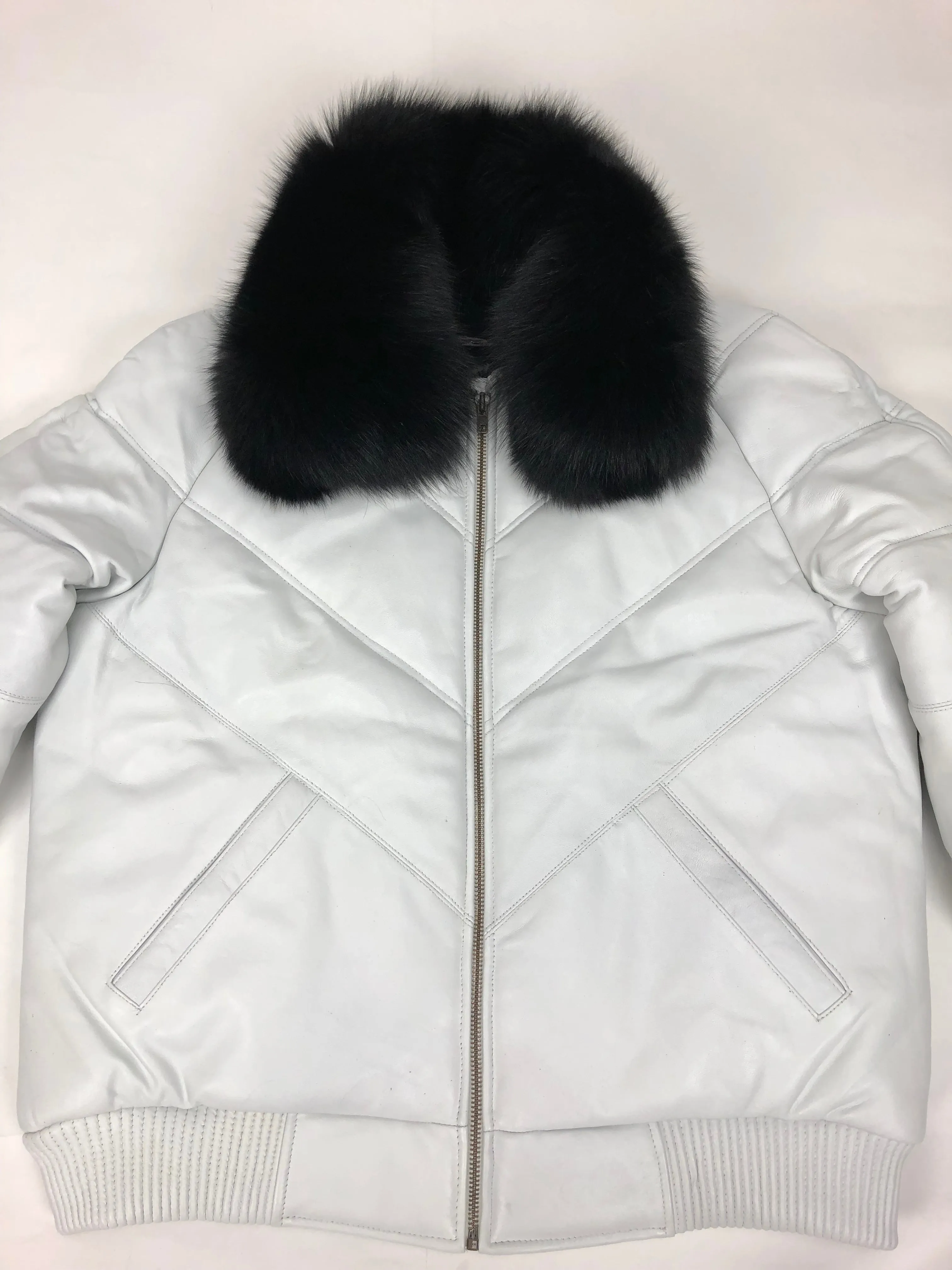 Men's V-Bomber White Premium Black Fox Collar