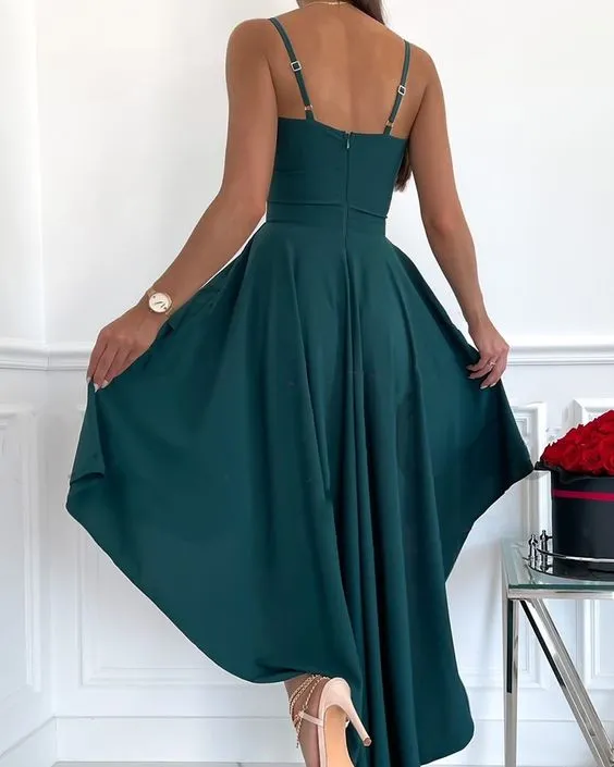 Mesh Insert V-Neck Asymmetrical Party Dress     fg2003