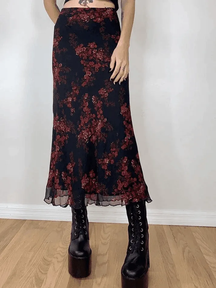 Mesh Paneled Floral Midi Skirt