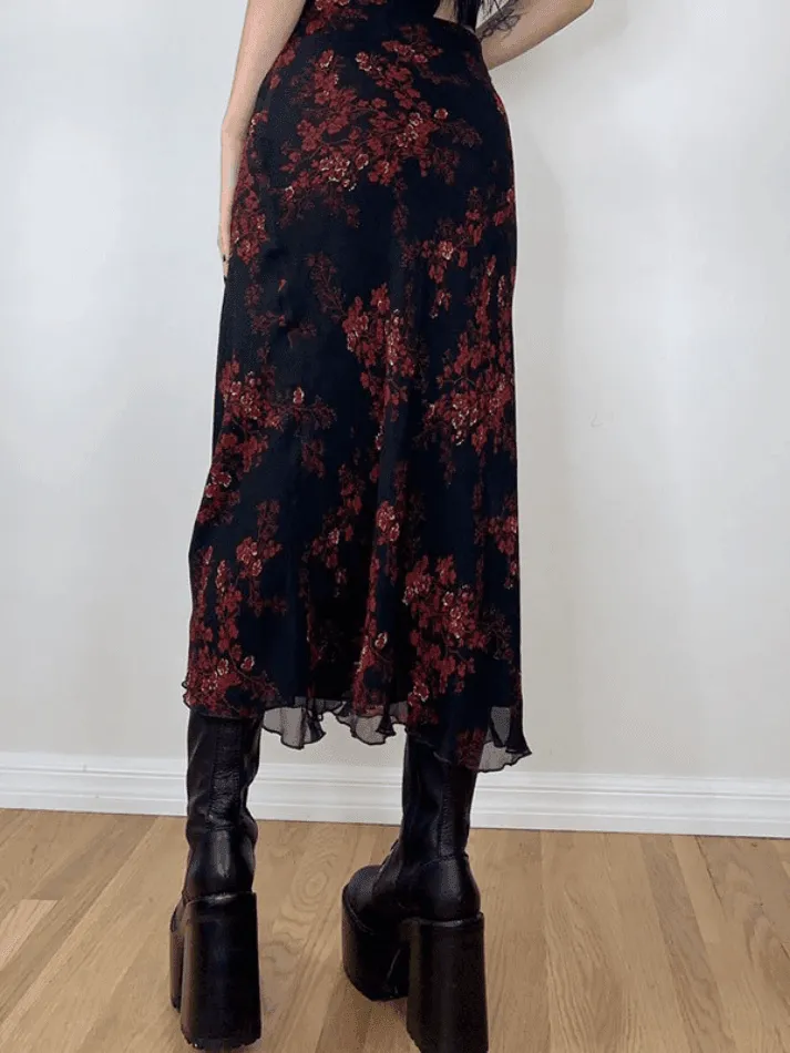 Mesh Paneled Floral Midi Skirt