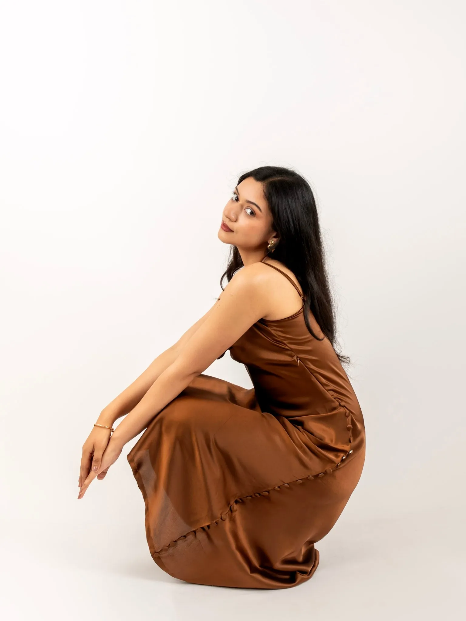 MONOMEE THERESE BROWN SATIN SLIP DRESS