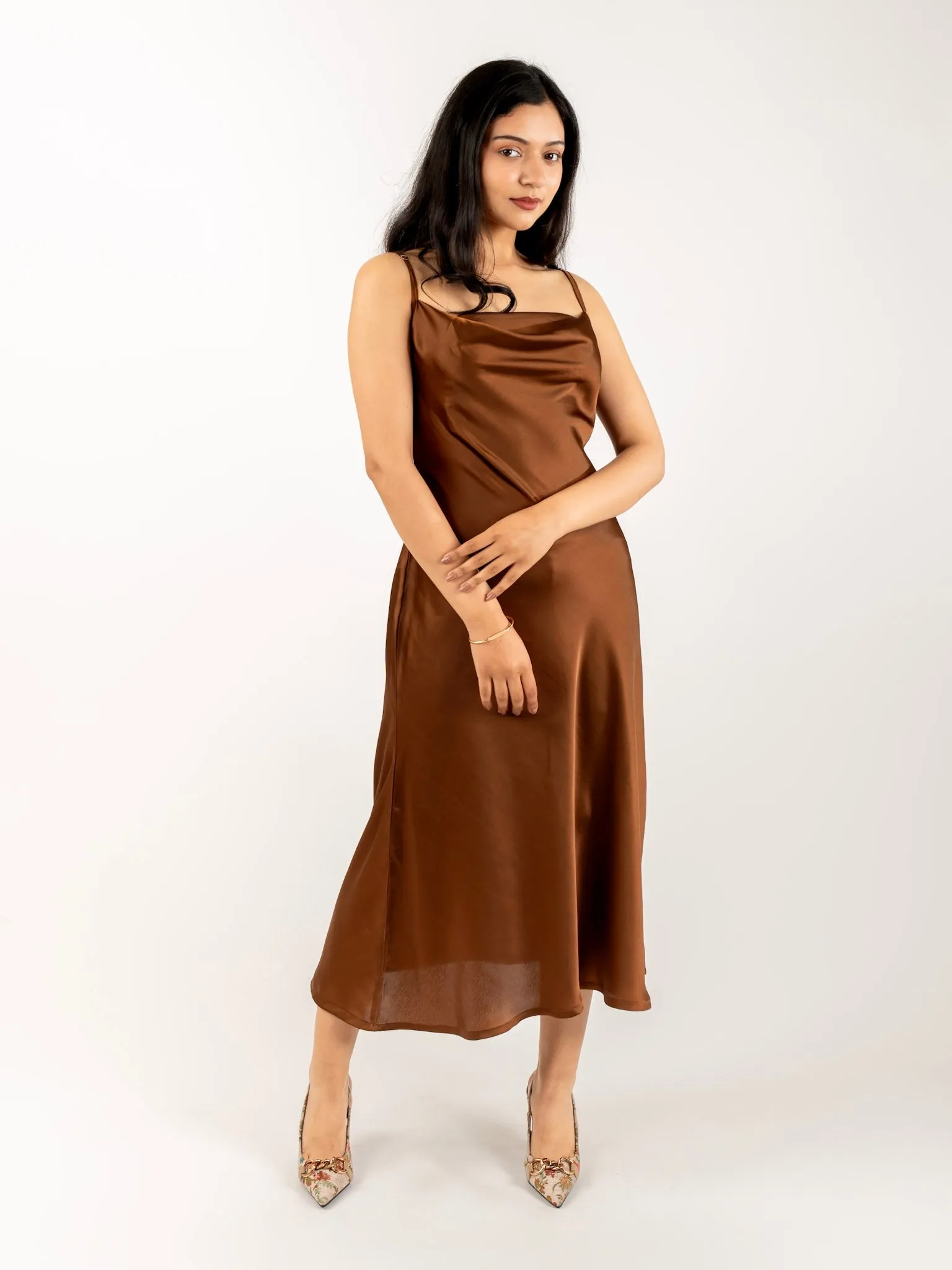 MONOMEE THERESE BROWN SATIN SLIP DRESS