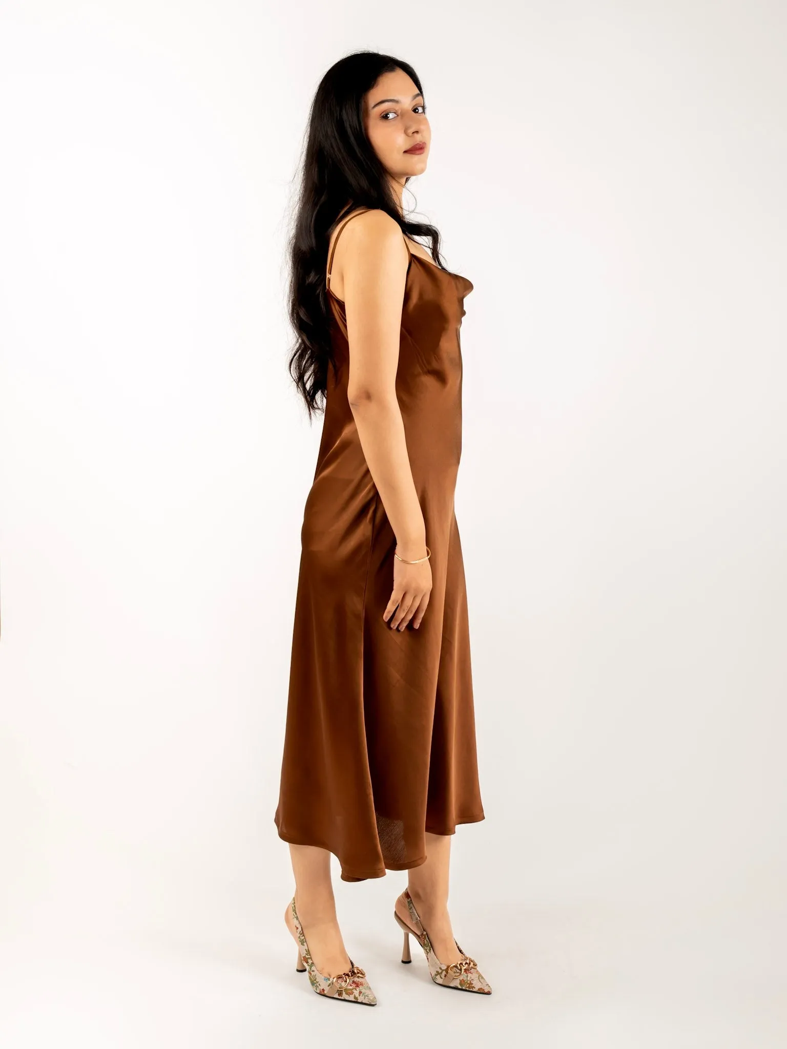 MONOMEE THERESE BROWN SATIN SLIP DRESS