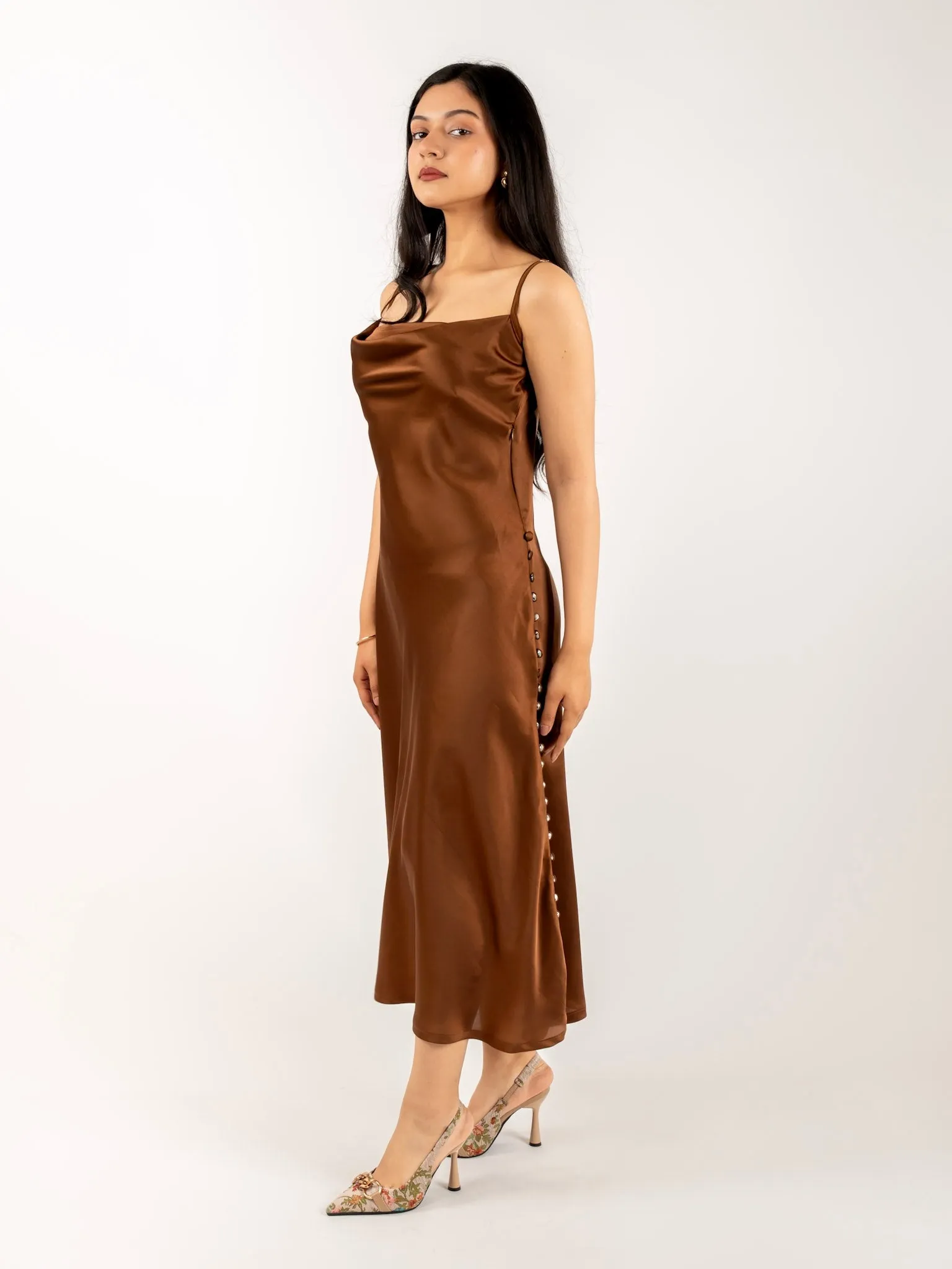MONOMEE THERESE BROWN SATIN SLIP DRESS