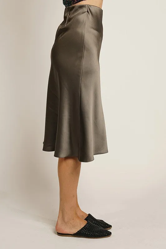 Olive Satin Solid Midi Mermaid Skirt With Hidden Zipper