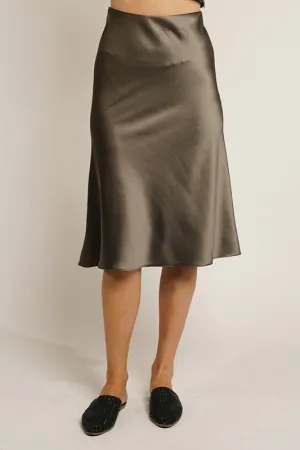 Olive Satin Solid Midi Mermaid Skirt With Hidden Zipper