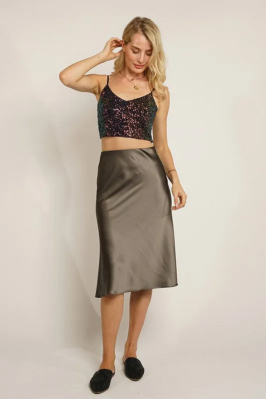 Olive Satin Solid Midi Mermaid Skirt With Hidden Zipper