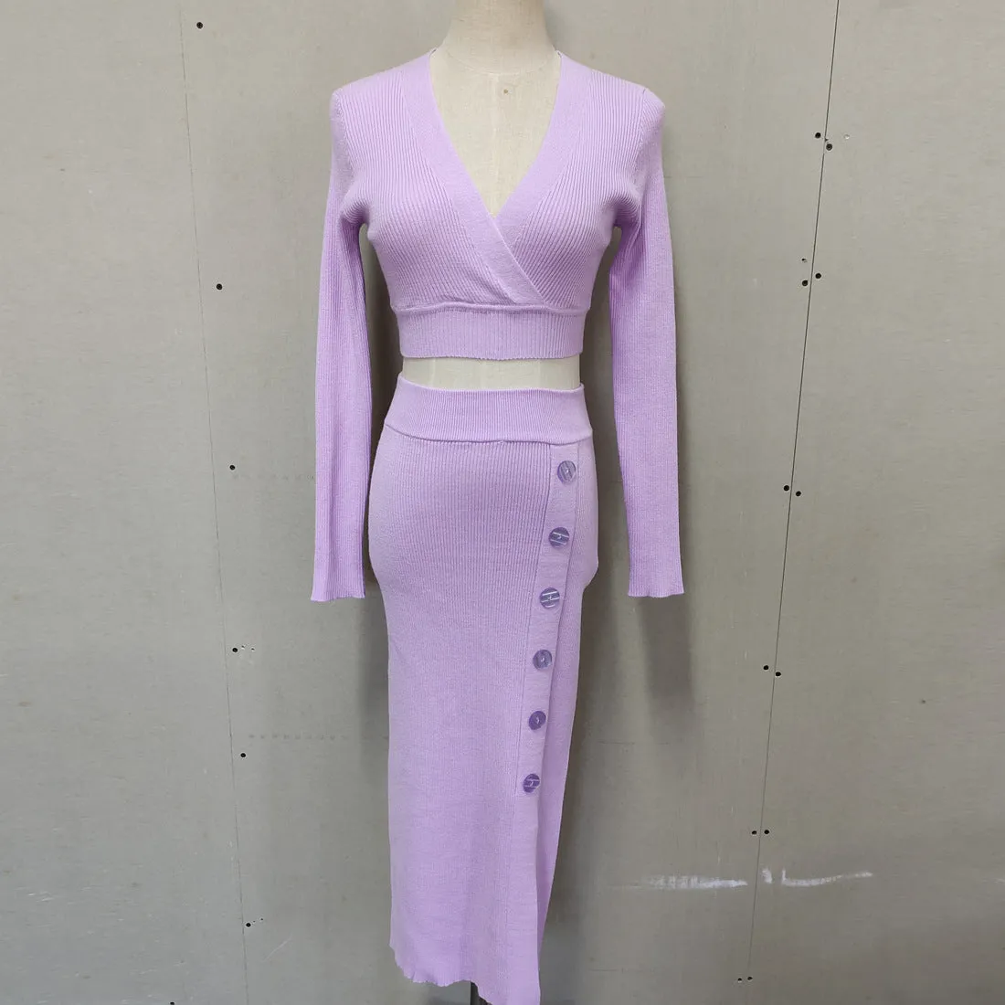 Pre Order: Long Sleeved V-Neck Cropped Top   Button Split Skirt Set