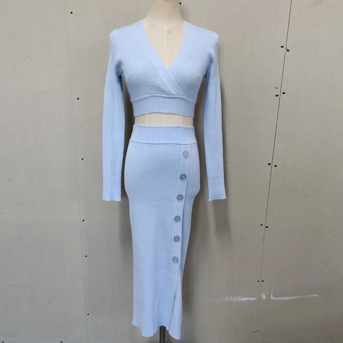 Pre Order: Long Sleeved V-Neck Cropped Top   Button Split Skirt Set