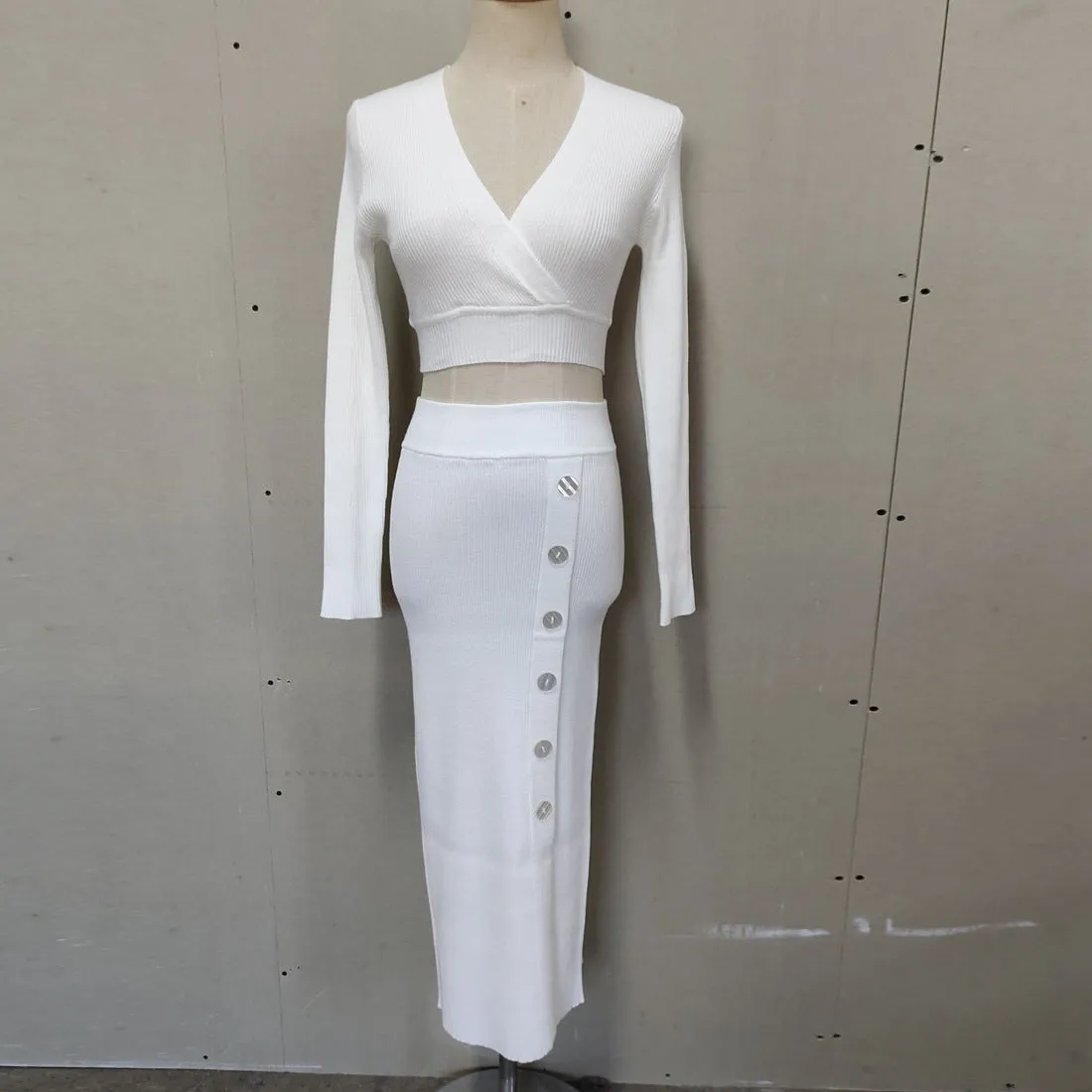 Pre Order: Long Sleeved V-Neck Cropped Top   Button Split Skirt Set