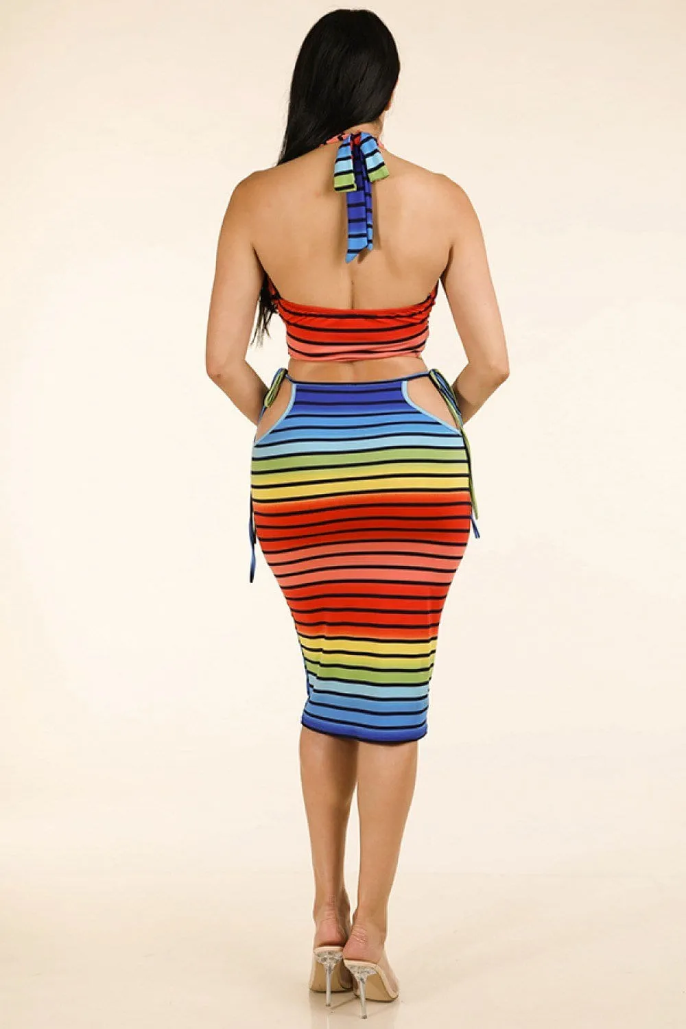 Rainbow Stripe Halter Top & Side Cutout Midi Skirt