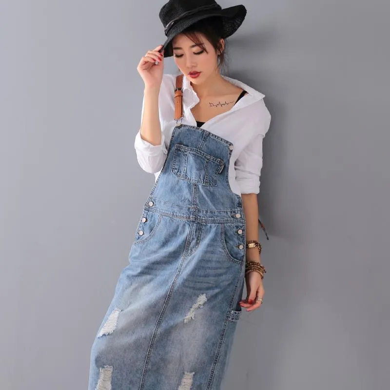 Ripped Denim Overall Dress