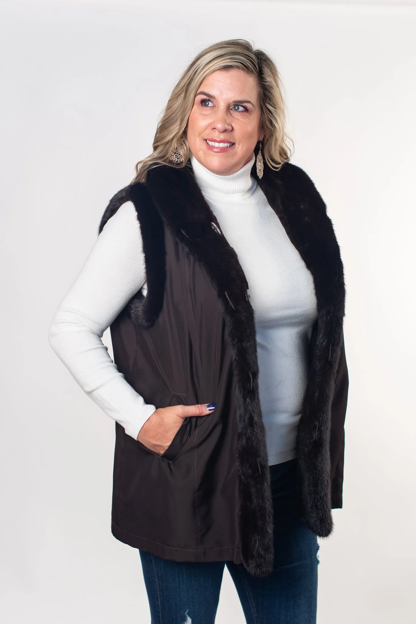 Rippe's Furs Reversible Diamond Sheared Mink Fur Vest with Long Hair Mink Trim - Brown