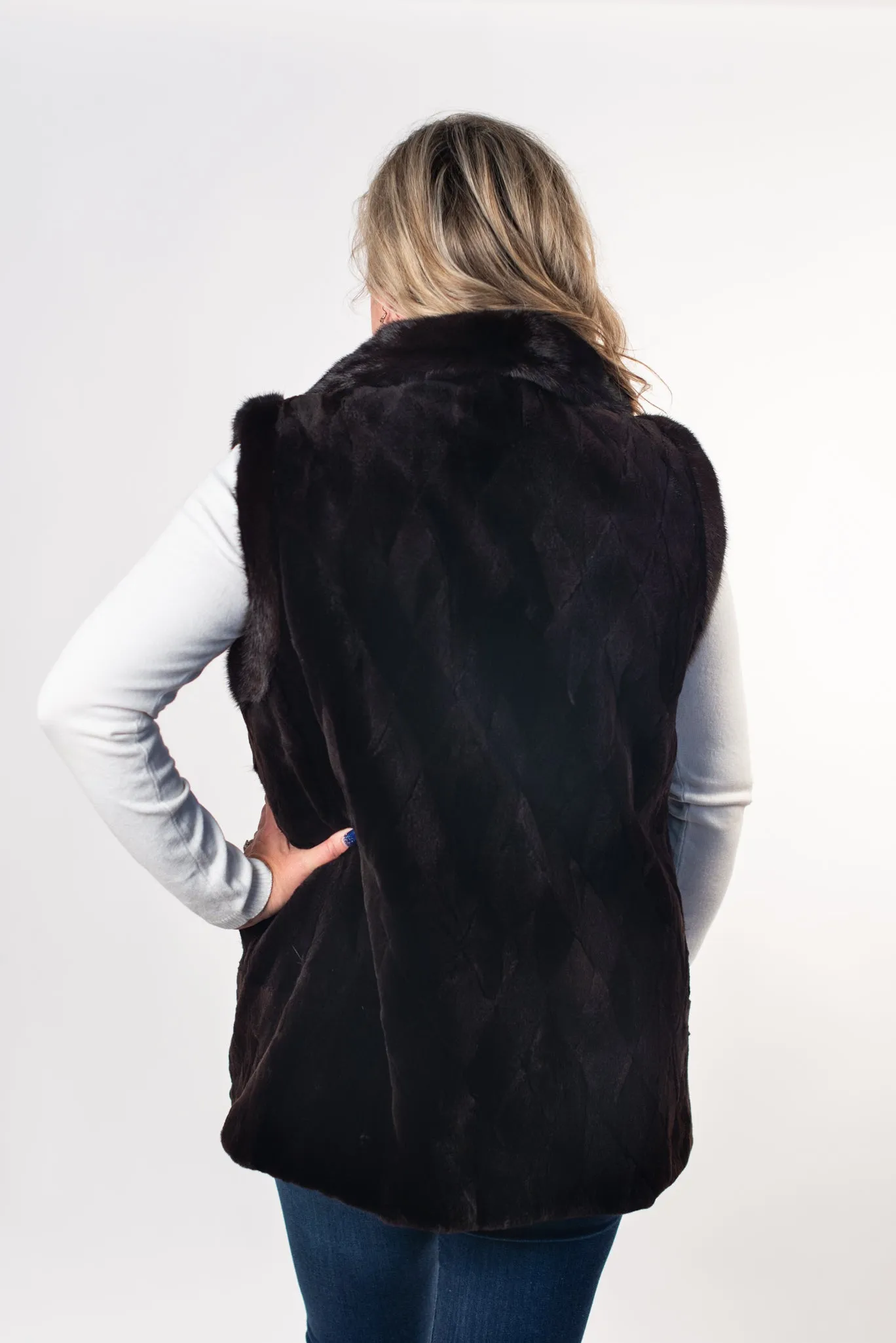 Rippe's Furs Reversible Diamond Sheared Mink Fur Vest with Long Hair Mink Trim - Brown