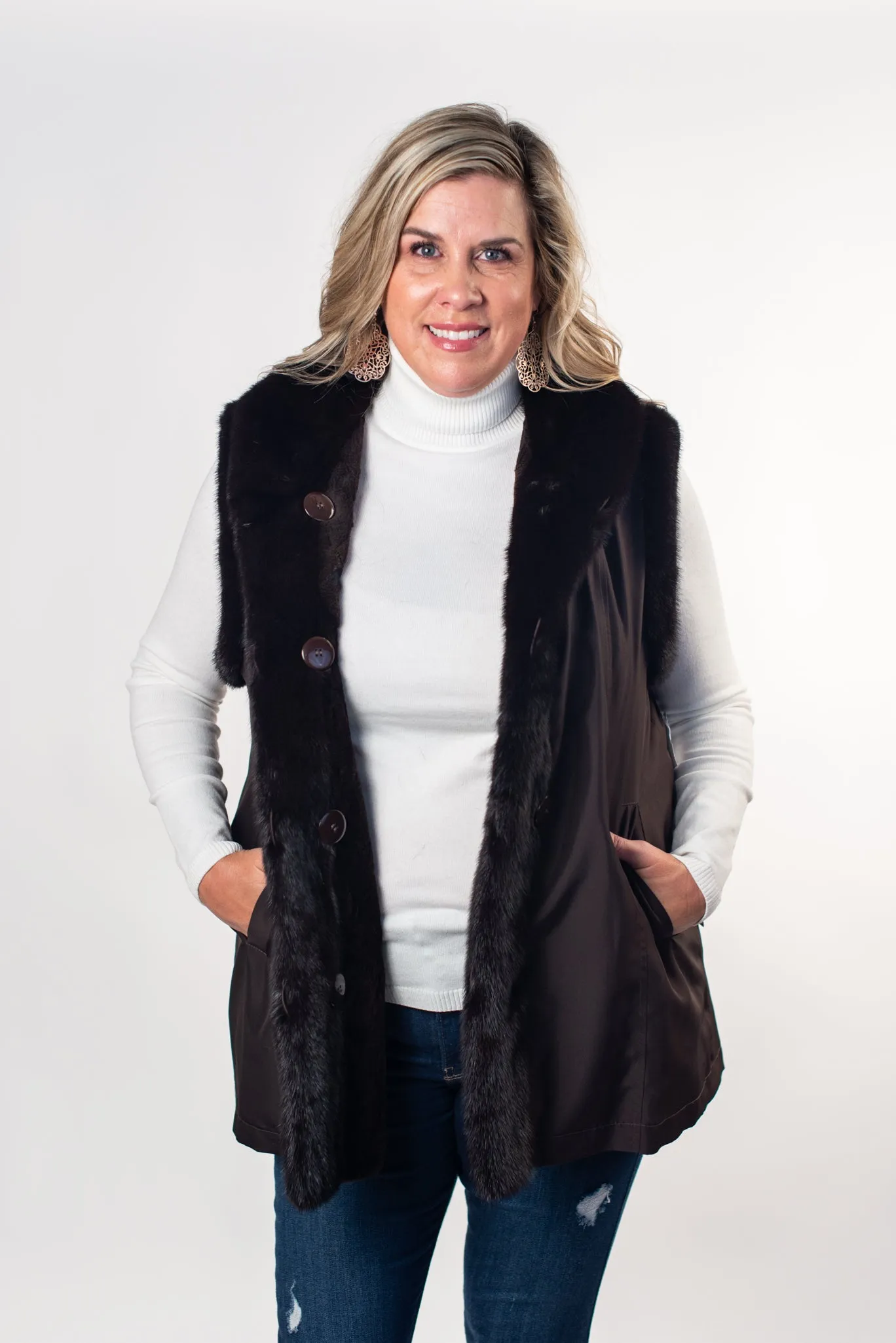 Rippe's Furs Reversible Diamond Sheared Mink Fur Vest with Long Hair Mink Trim - Brown