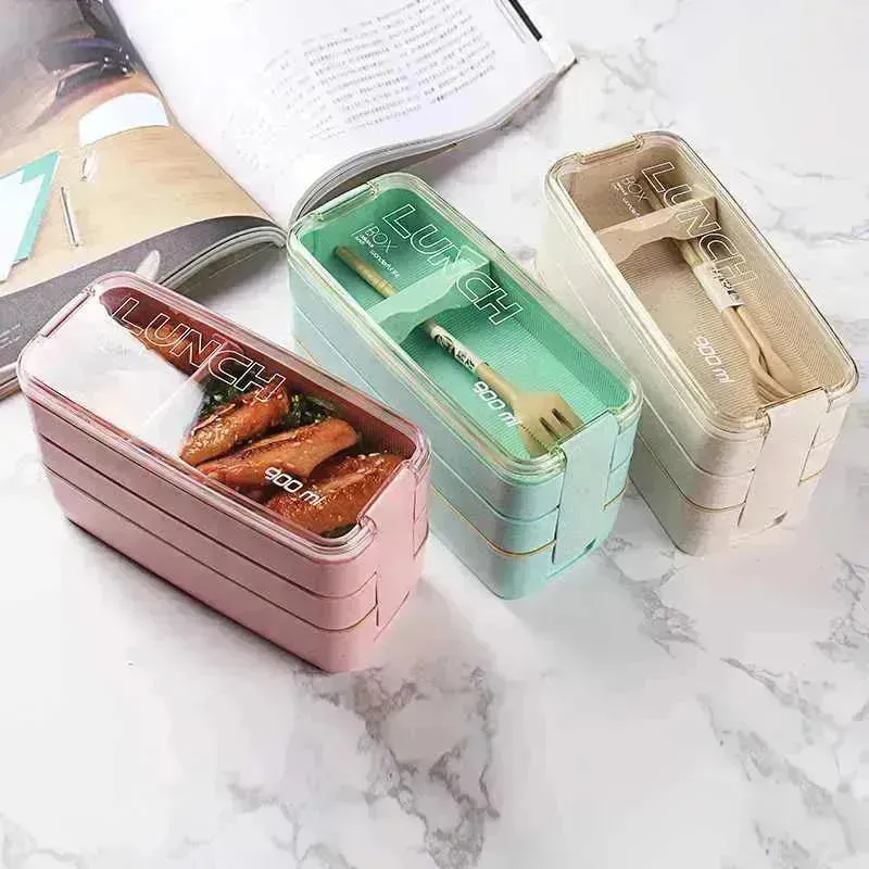 Square Double 2-layer Wheat Straw Fiber Plastic Lunch Box for Kindergartens Preschool  Lunch Box for Kids