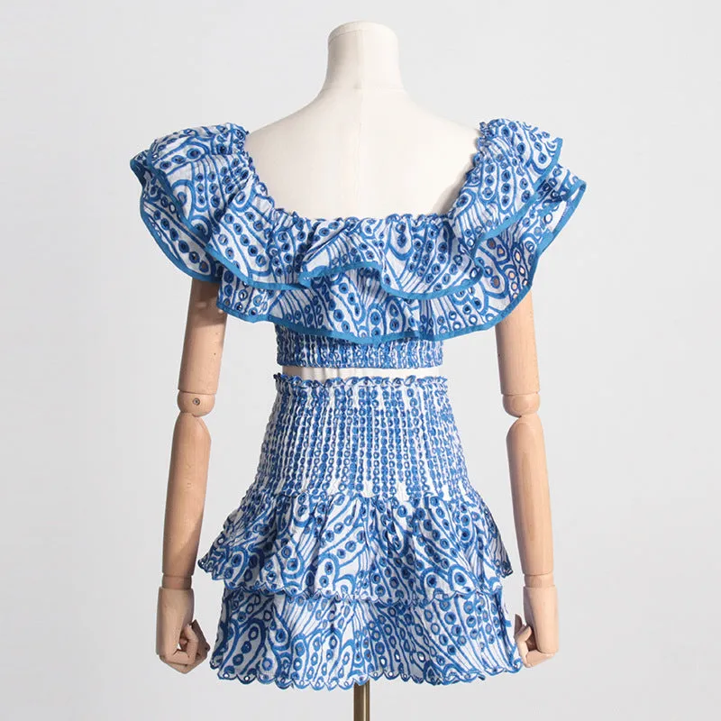 Summer New  Style Temperament Wooden Ear Short Top High Waist Cake Layer Skirt Sexy Two-Piece Suit Suit