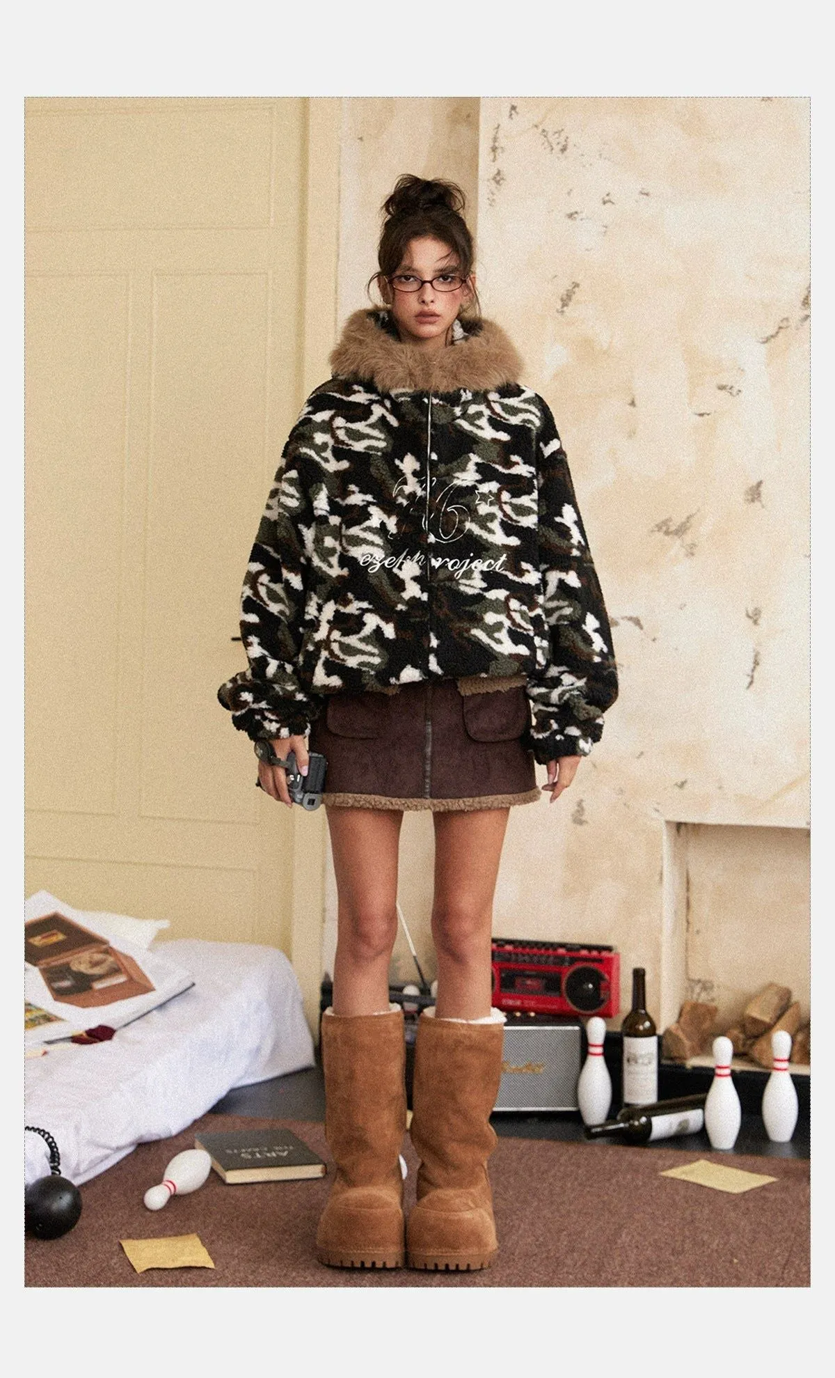 Tom Fur Collar Camouflage Zip-Up Hoodie