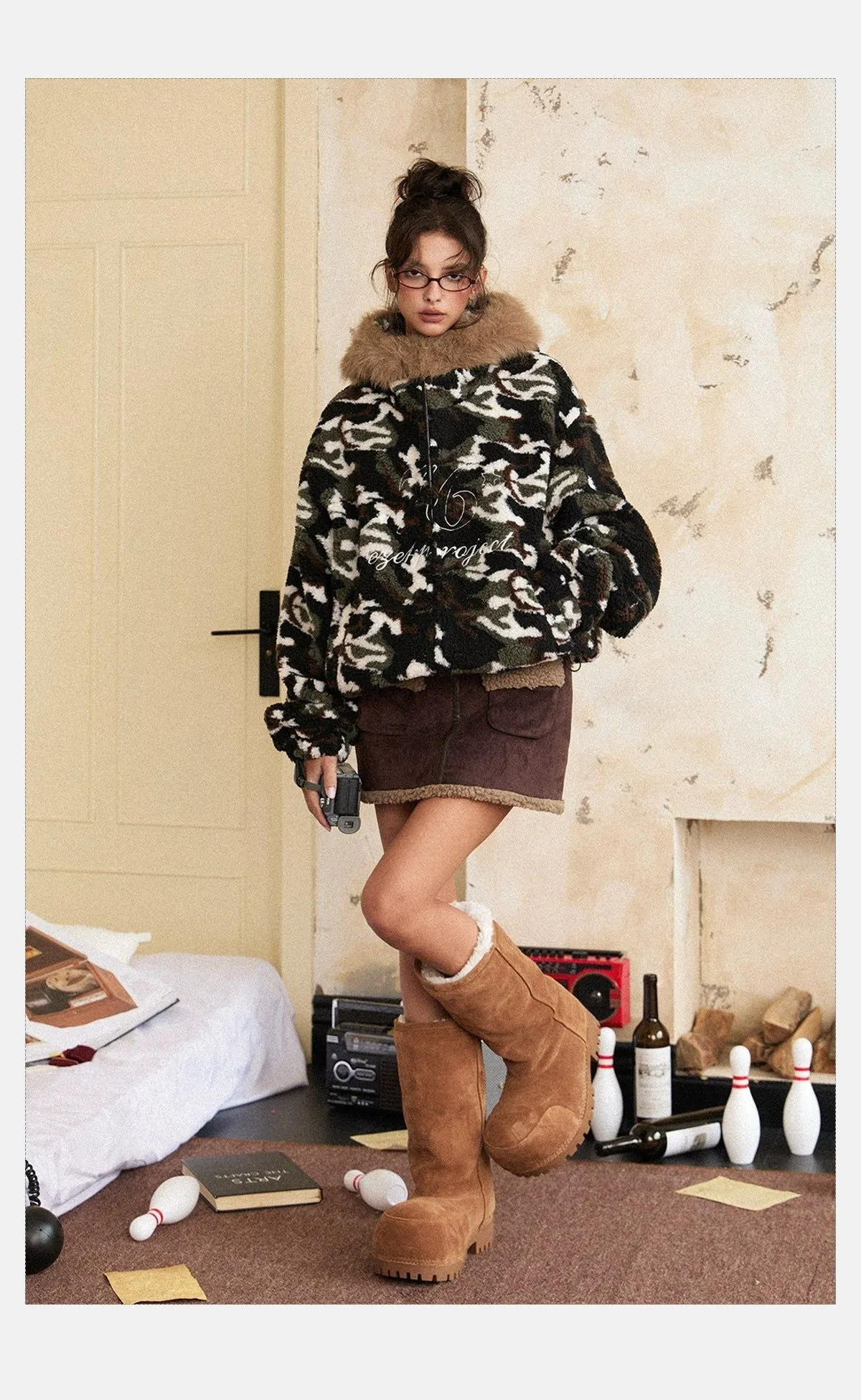 Tom Fur Collar Camouflage Zip-Up Hoodie