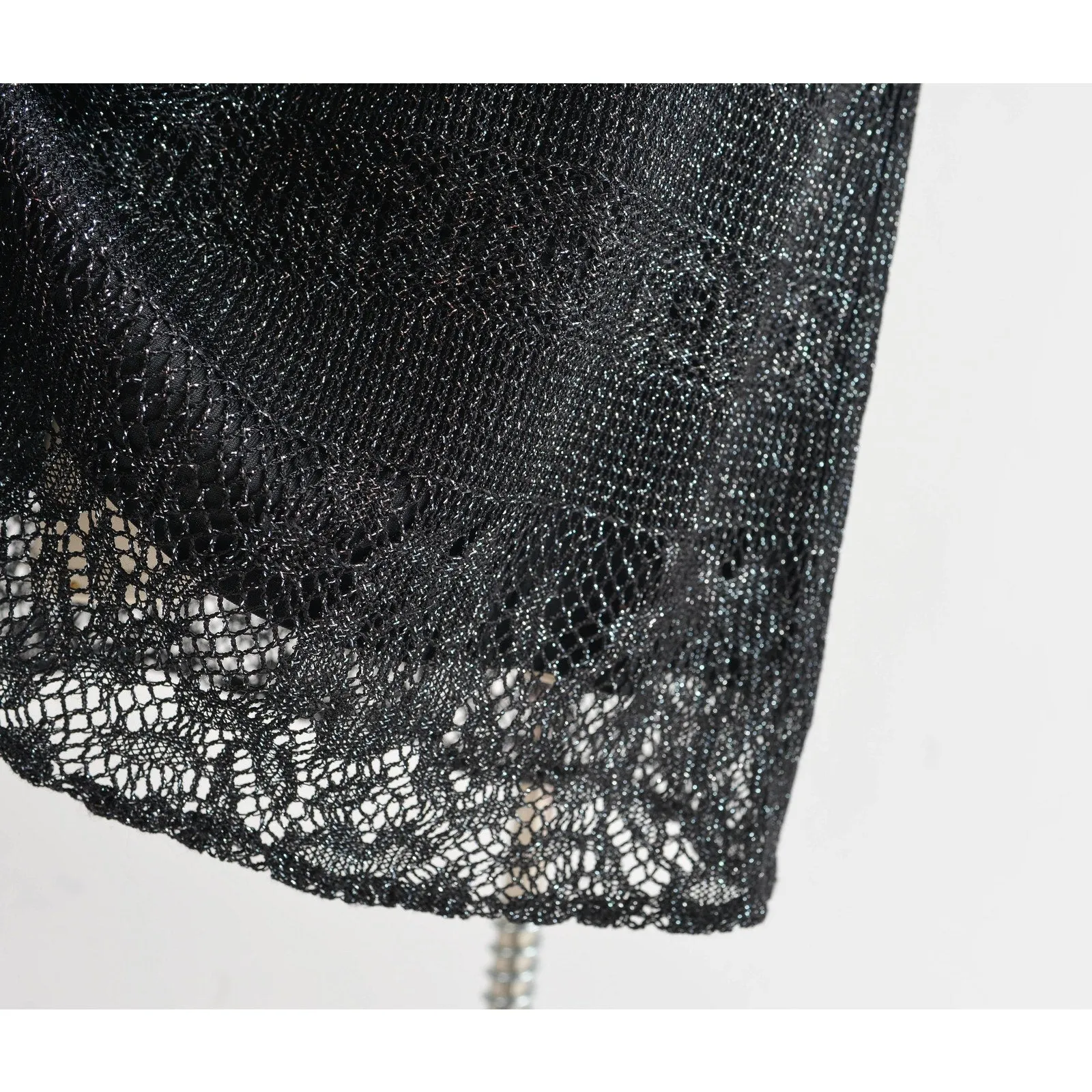 Vintage 90s Black Sheer Lace Metallic Silver Boho Whimsigoth Maxi Dress size M L