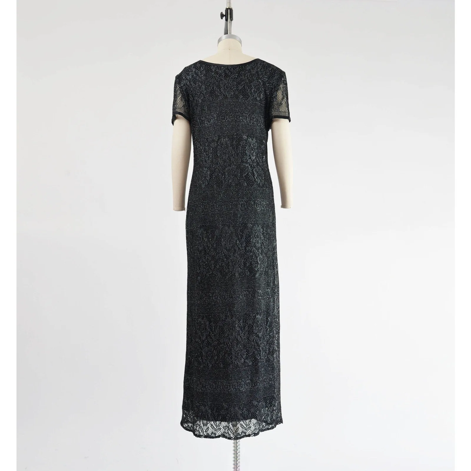 Vintage 90s Black Sheer Lace Metallic Silver Boho Whimsigoth Maxi Dress size M L