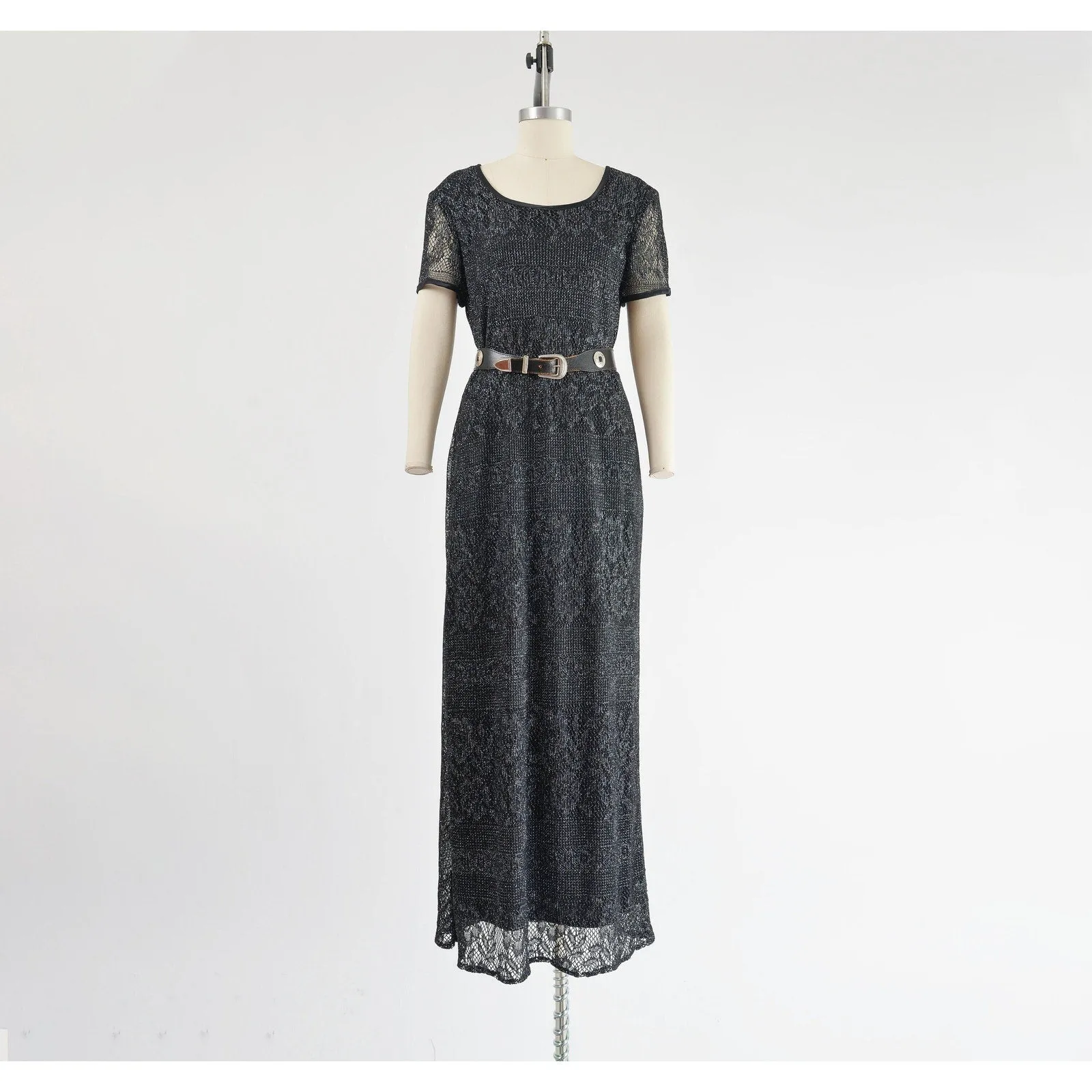 Vintage 90s Black Sheer Lace Metallic Silver Boho Whimsigoth Maxi Dress size M L