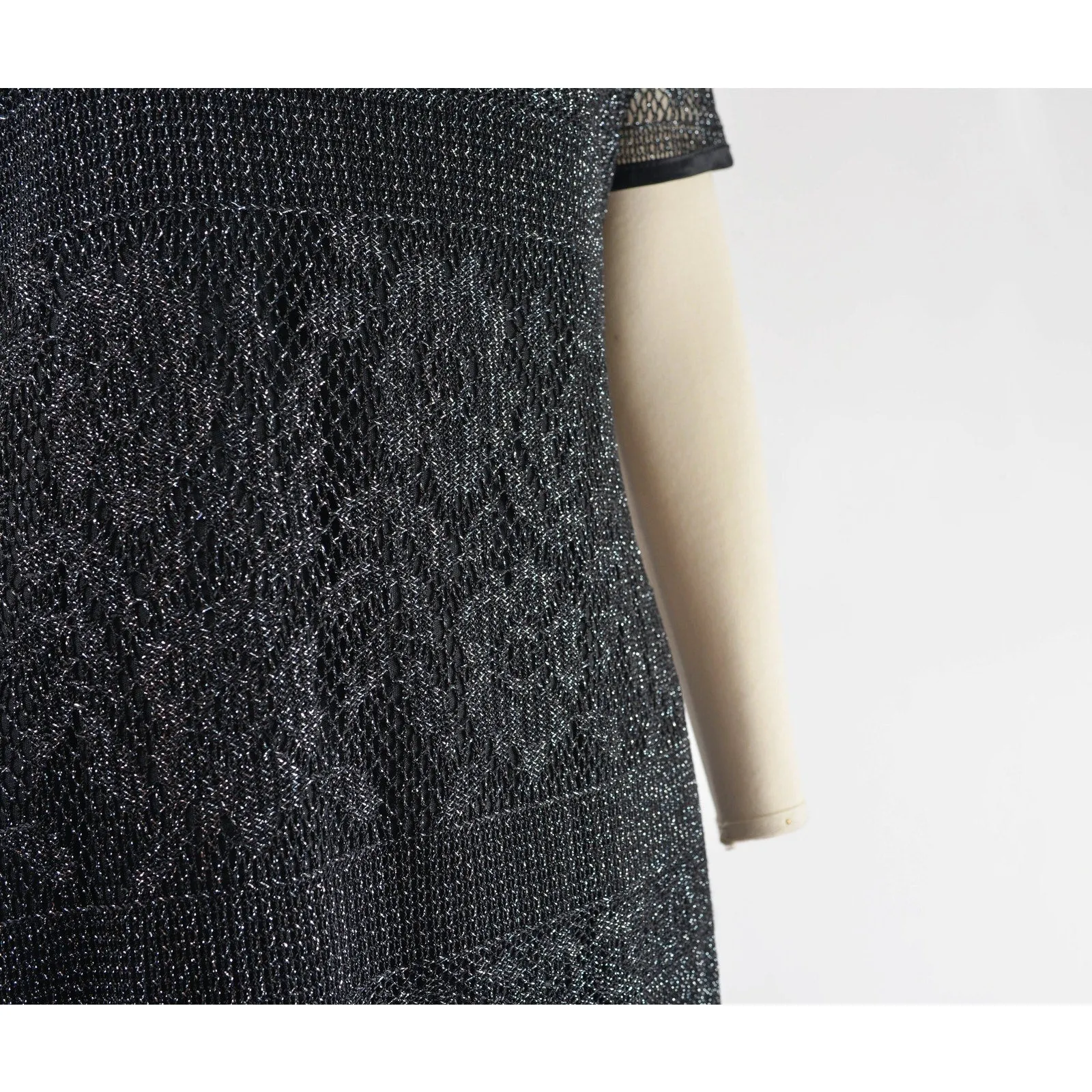 Vintage 90s Black Sheer Lace Metallic Silver Boho Whimsigoth Maxi Dress size M L