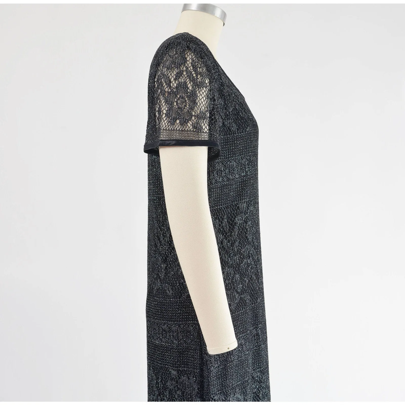 Vintage 90s Black Sheer Lace Metallic Silver Boho Whimsigoth Maxi Dress size M L