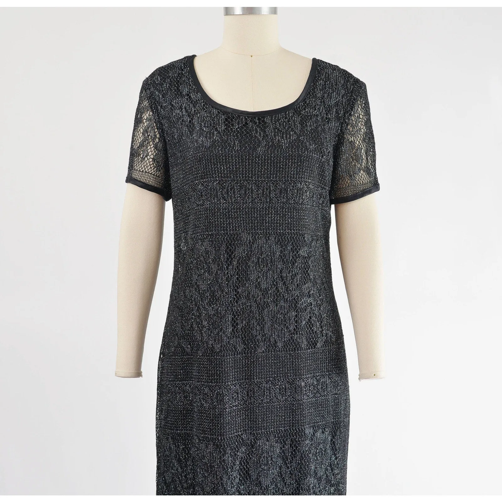 Vintage 90s Black Sheer Lace Metallic Silver Boho Whimsigoth Maxi Dress size M L