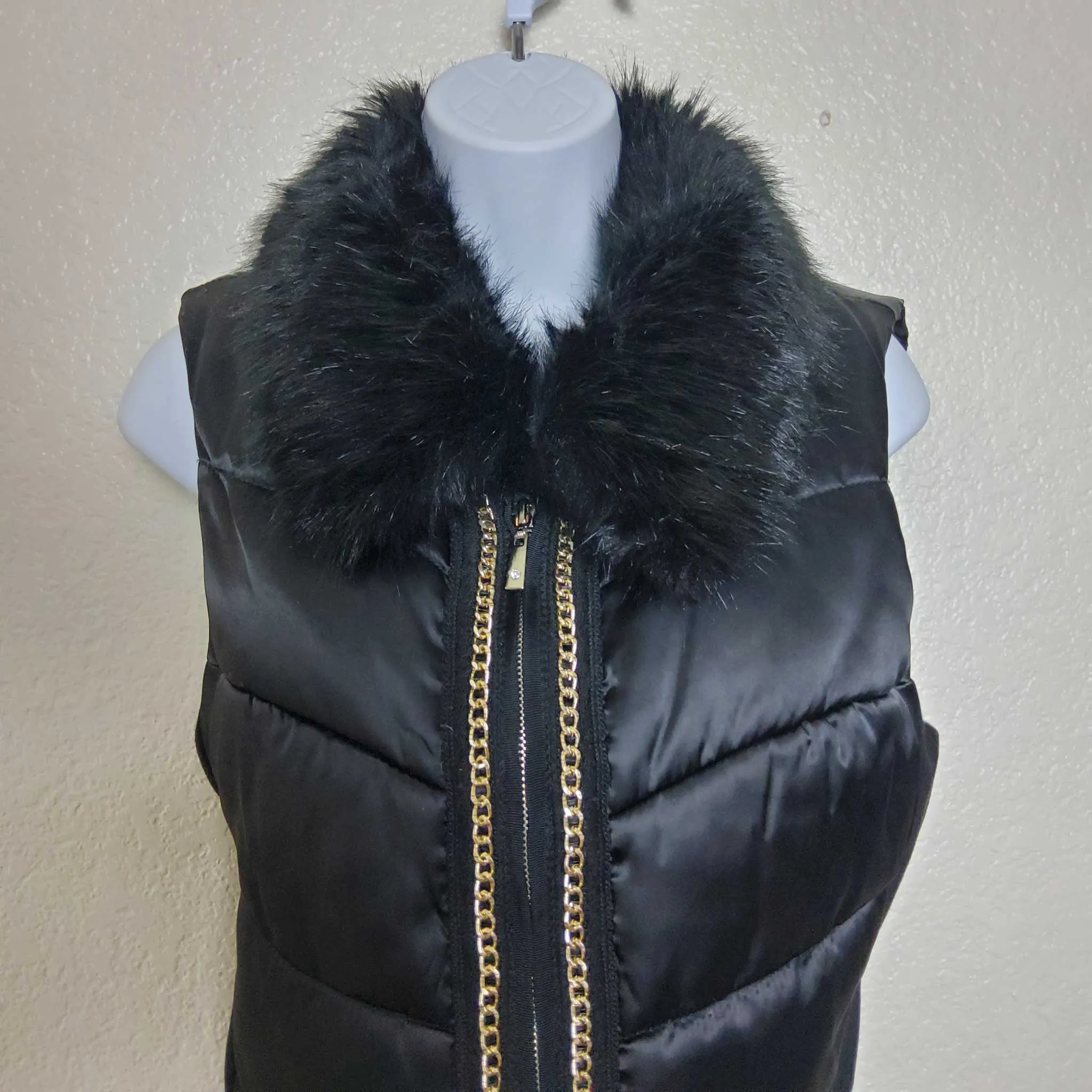 White House Black Market Black Tank Vest with Fur Collar, Women's Medium