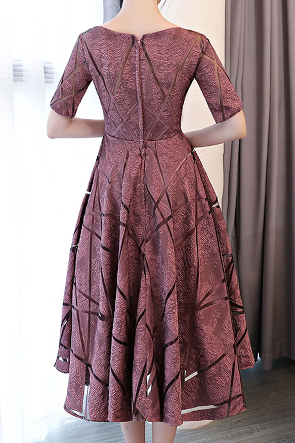 Women Boat Neck Short Sleeved Flare Dress - C5859UD